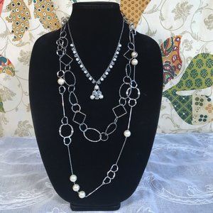 3 Necklace Set Pearls Clear Glass Beads Silvertone Chain Textured Links Casual